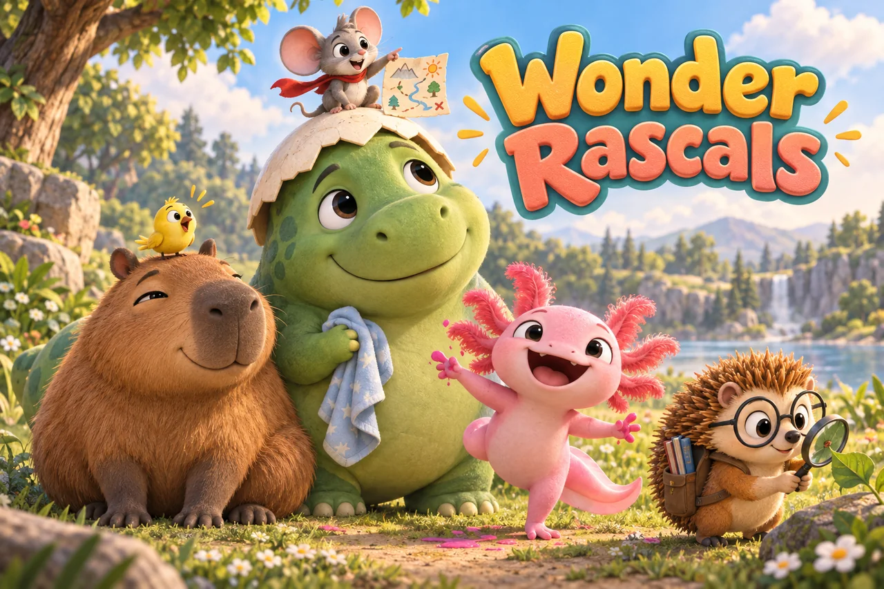 The Wonder Rascals together in a sunny garden: Tam, Gus, Pixel, Bodhi, Pip and Ned.
